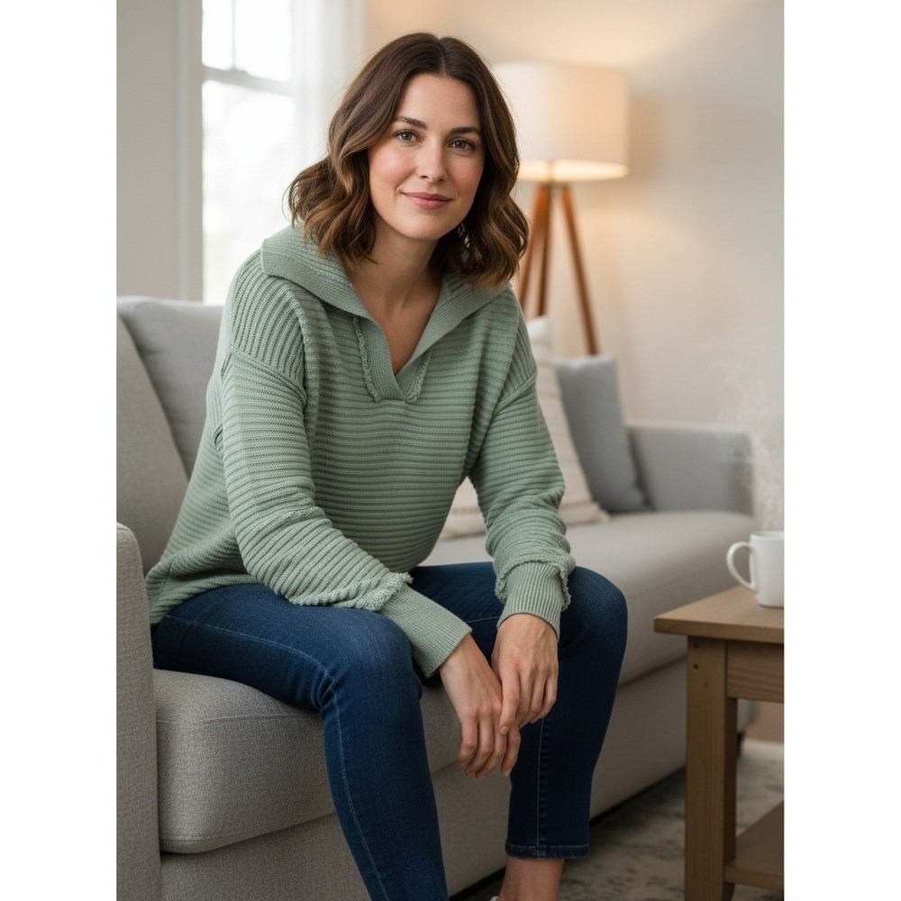 Lilusory Sage Green Ribbed Knit‎ V-Neck Pullover Sweater w/ Oversized Collar L